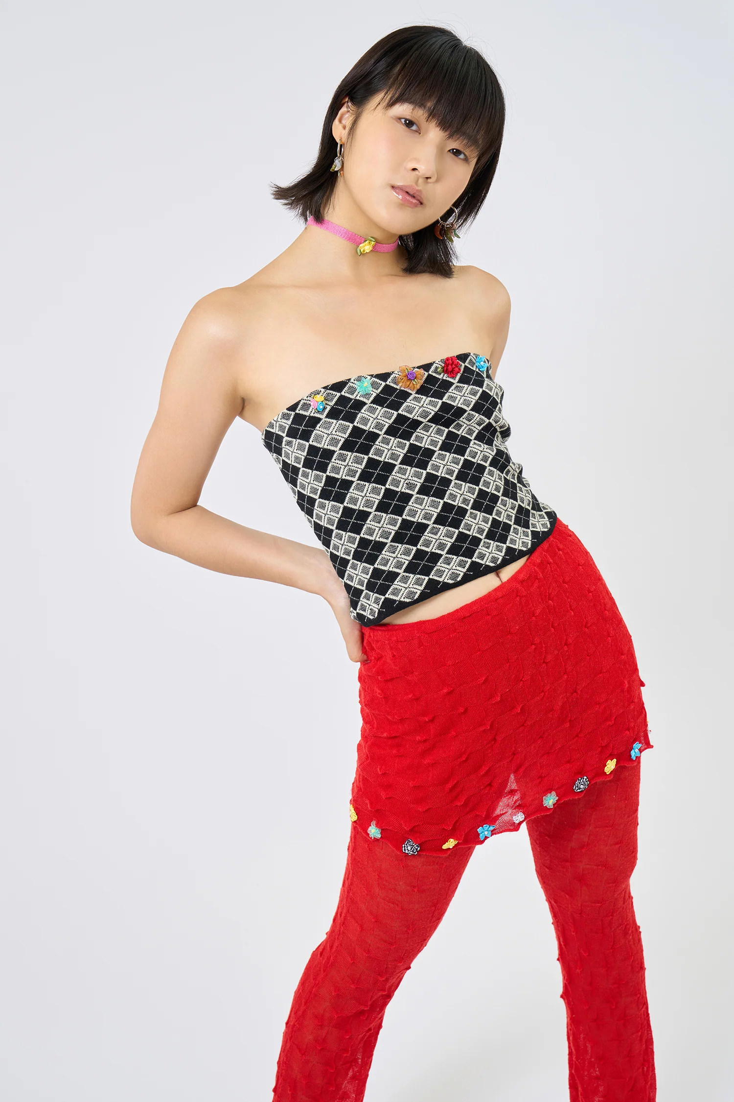 YANYAN KNITS 25 Spring/Summer ARGYLE Bandeau/Mini Skirt with Flowers YYK-YYW25-0291-HB Bandeau - Image 6