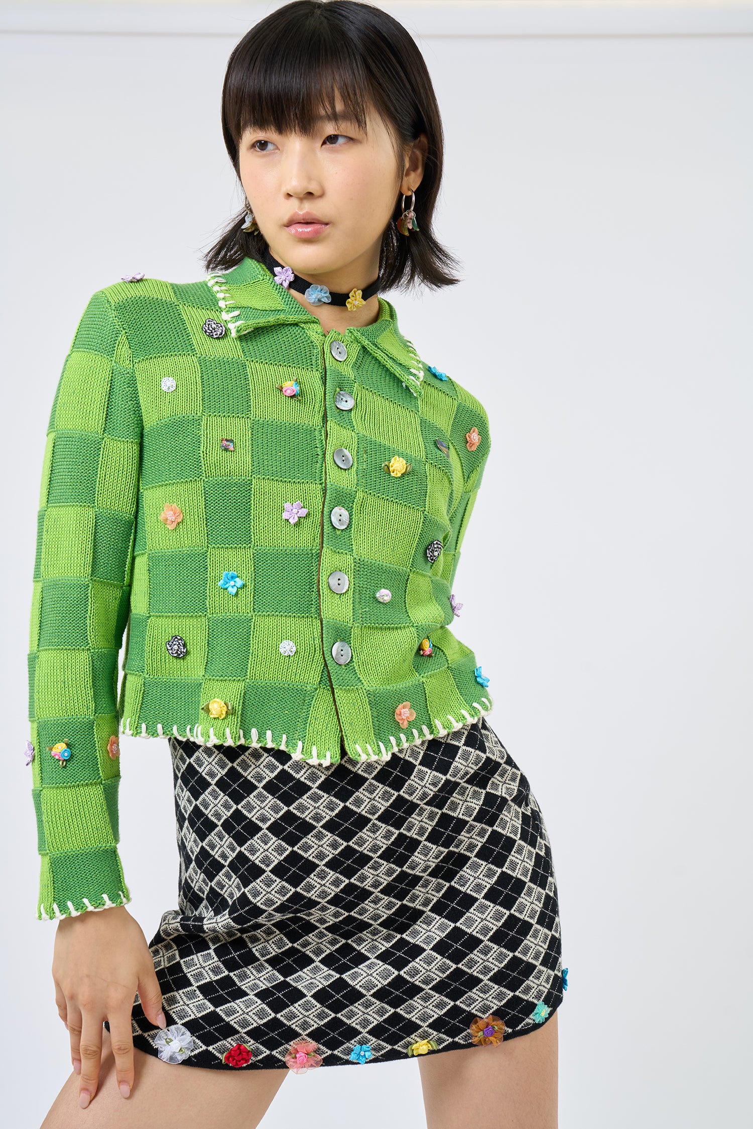 YANYAN KNITS 25 Spring/Summer ARGYLE Bandeau/Mini Skirt with Flowers YYK-YYW25-0781-HB Skirt - Image 6