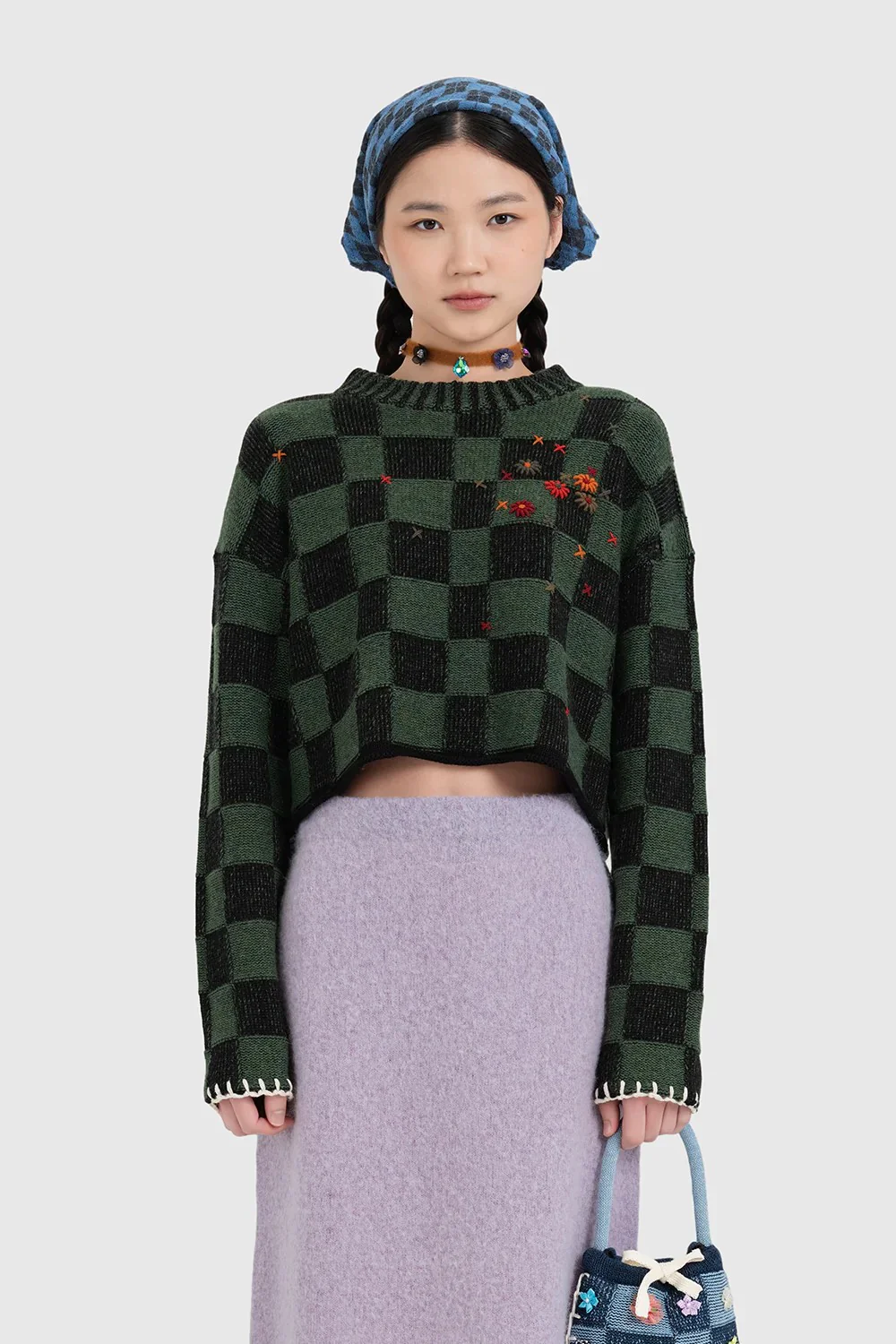 YANYAN KNITS Fall/Winter 2025: Wool plaid cropped sweater/mid-length skirt set YYK-YYW25-2021-GW (Sweater) - Image 12