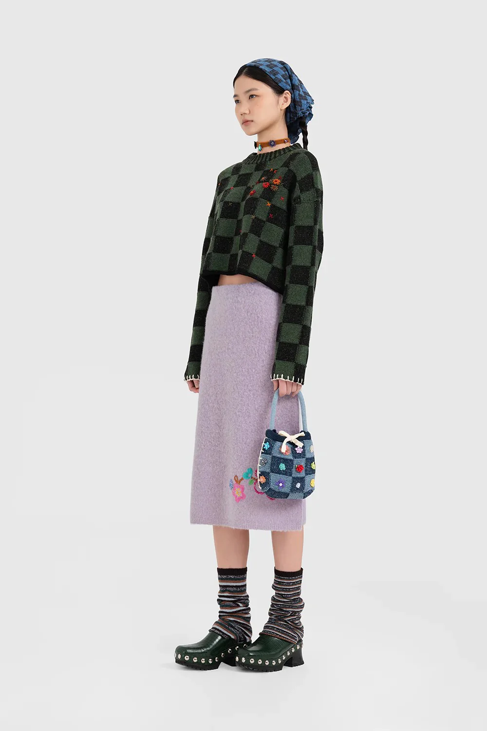 YANYAN KNITS Fall/Winter 2025: Wool plaid cropped sweater/mid-length skirt set YYK-YYW25-2021-GW (Sweater) - Image 13