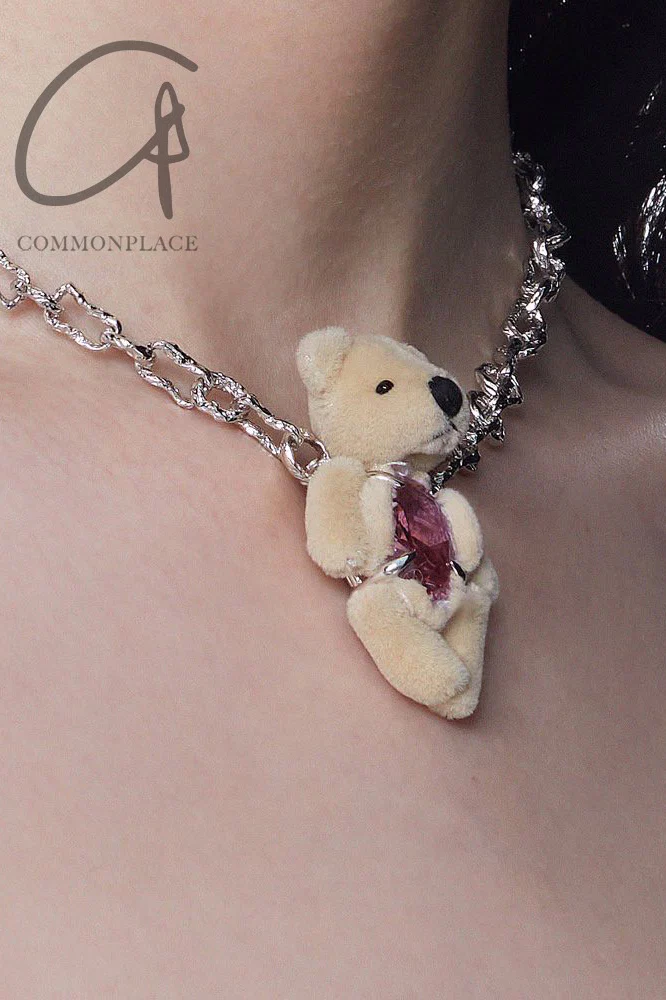 YVMIN 21701 Capsule Muppet Series Inlaid Bear Pink Oval Gemstone Sterling Silver Necklace PY6 - Image 2