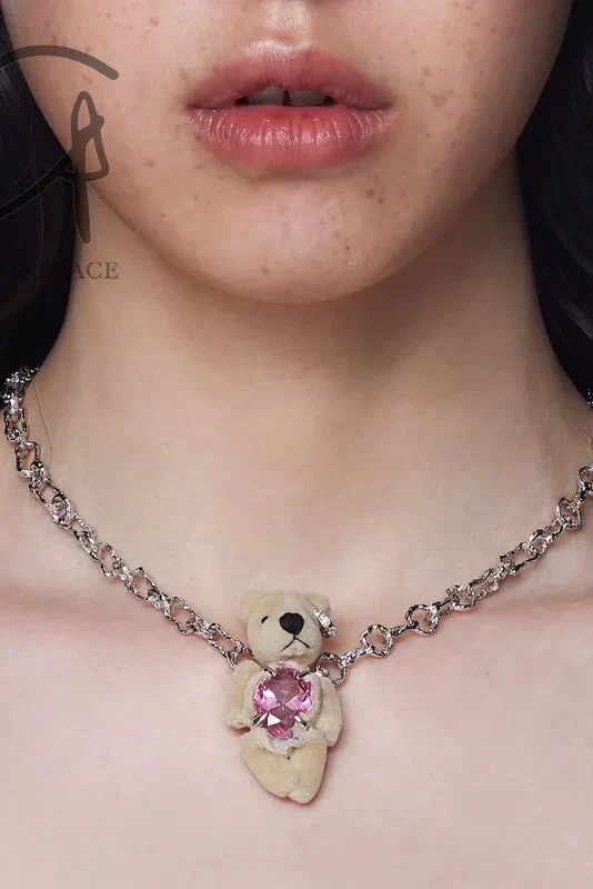 YVMIN 21701 Capsule Muppet Series Inlaid Bear Pink Oval Gemstone Sterling Silver Necklace PY6 - Image 3