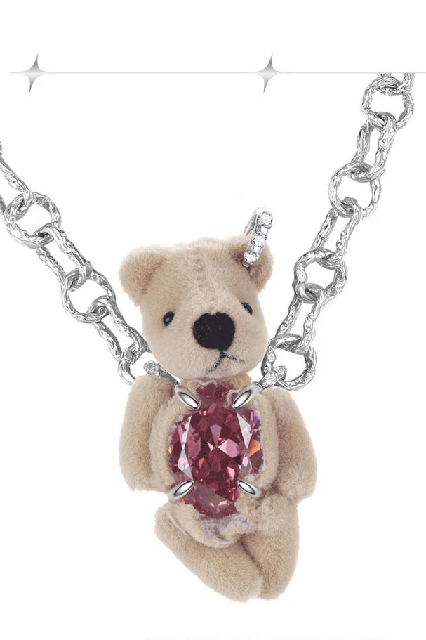 YVMIN 21701 Capsule Muppet Series Inlaid Bear Pink Oval Gemstone Sterling Silver Necklace PY6 - Image 9